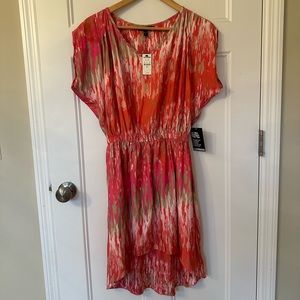 Express Women's V neck Low-Hi Hem Elastic Waist Light Dress -Multi Pinks-S